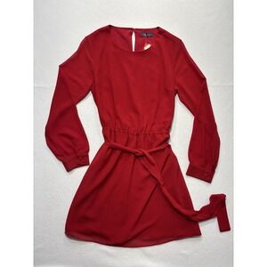KLD Dress Womens Medium Red Chiffon Belted Fit Flare Long Sleeve Round Neck Mini